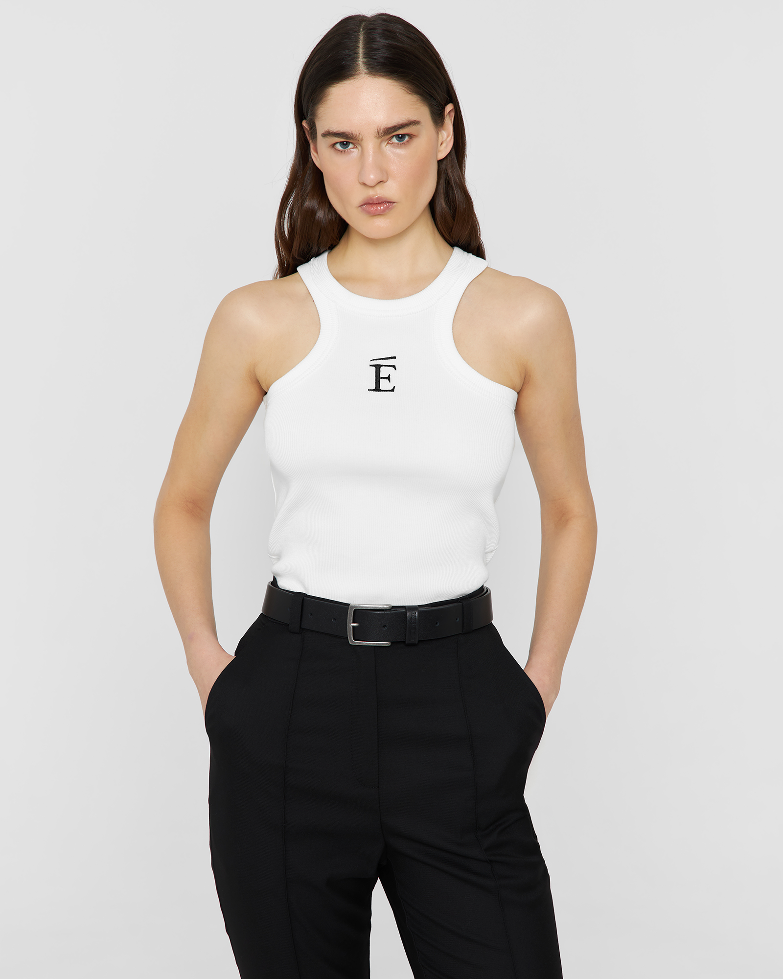 Майка в рубчик с вышивкой "ECLATA" в белом цвете