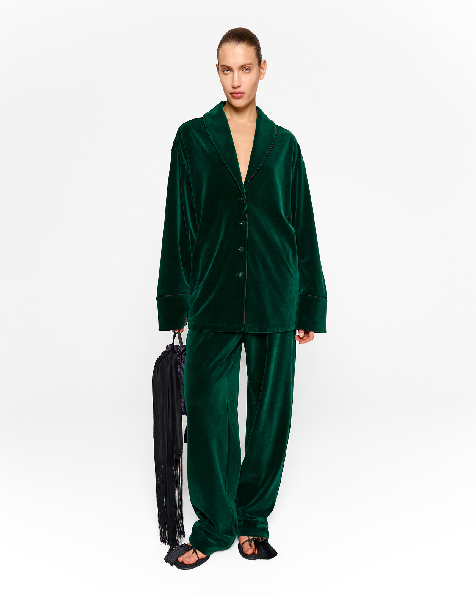 Пижамная рубашка из велюра в изумрудном цвете 123333